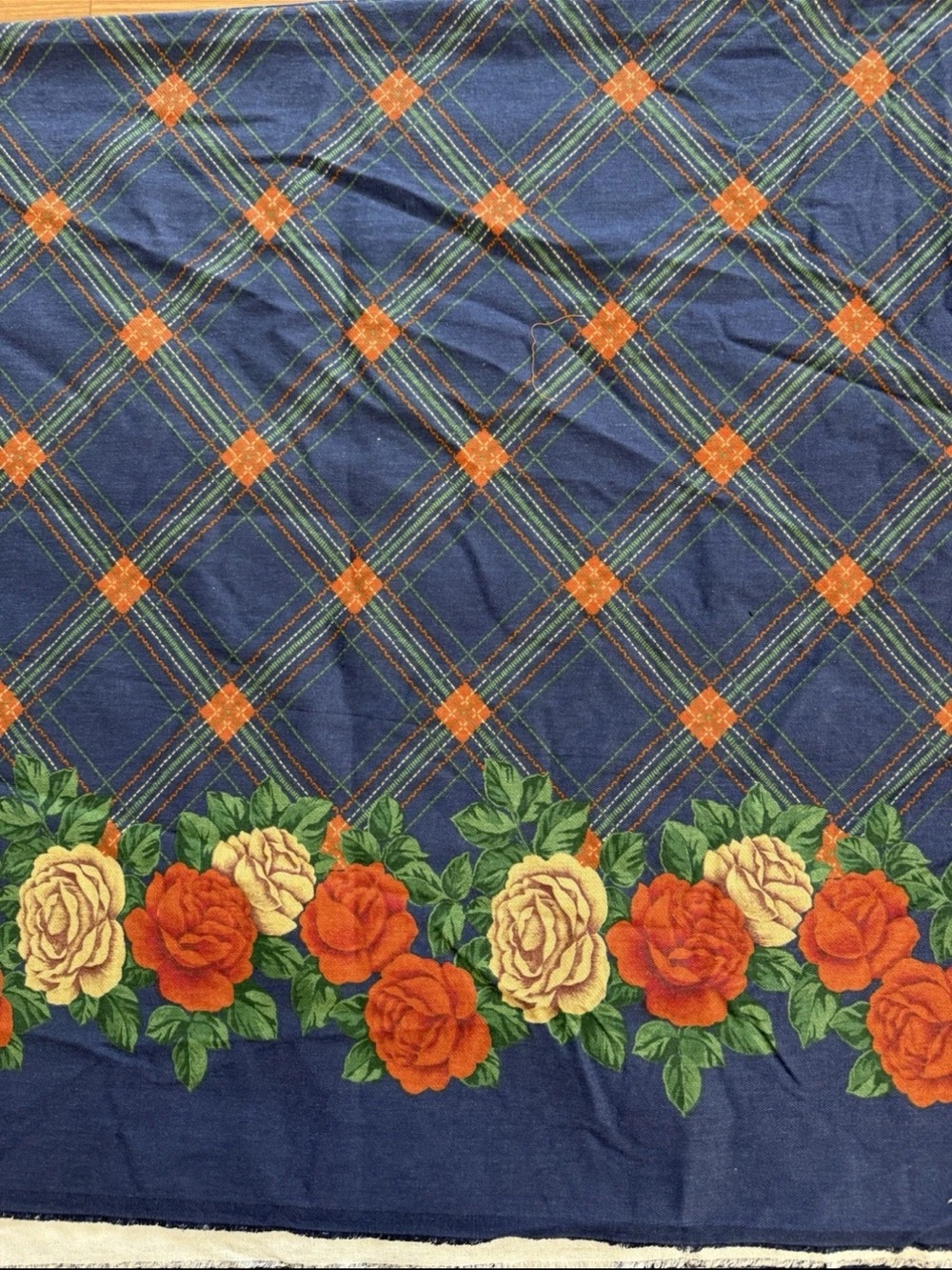 Vintage Blue Denim Lattice Floral Border Fabric 1 yard + 31" L  x 64" W Mdweight